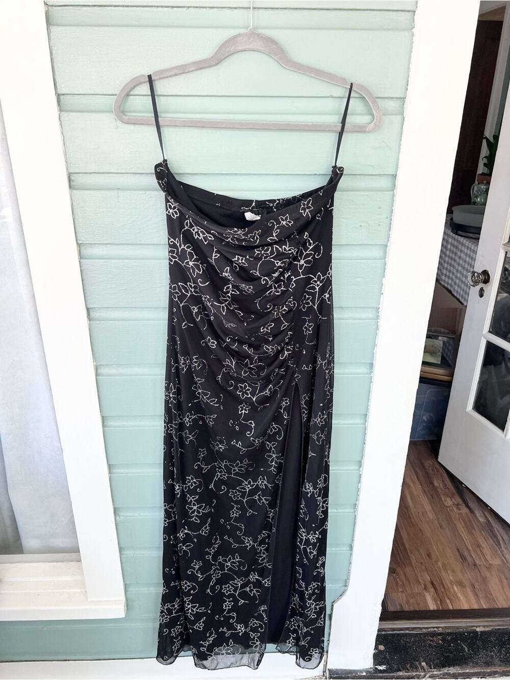 Vintage Y2K strapless black silver sparkle gown high slit fairycore femme size L